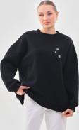 Kallima Oversize/Rahat Kalıp Kar Tanesi Desenli Içi Polarlı Kalın Siyah Kadın Sweatshirt