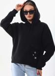 Kallima Siyah Kışlık Kalın Kar Tanesi Baskılı Cepli Kapüşonlu Oversize/Geniş Kesim Sweatshirt