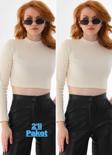 Kallima Ekru 2'Li Paket Dik Yaka Fitted/Vücuda Oturan Crop Fitilli Esnek Örme Bluz