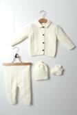 Unisex Bebek Beyaz Triko Takım 4'lü Hırka, Pantolon, Bere, Patik Orta Kalın Örgü