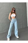 Swet Shop Jeans Kadın Açık Mavi Destrolu Yüksek Bel Likralı Wide Leg Geniş Paça Palazzo Kot Pantolon Açık Mavi 31