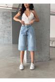 Swet Shop Jeans Kadın Yüksek Bel Soluk Efektli Vintage Bol Kesim Geniş Paça Baggy Denim Bermuda Şort Açık Mavi 40
