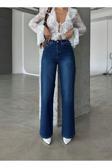Swet Shop Jeans Kadın Yüksel Bel Soluk Efekt Likralı Wide Leg Palazzo Jean Koyu Mavi 42-30