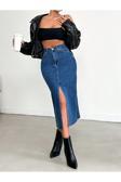 Swet Shop Jeans Kadın Yırtmaçlı Koyu Mavi Likralı Kot Etek Koyu Mavi M