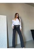 Swet Shop Jeans Kadın Yüksek Bel Kemer Tokalı Bel Püskül Paça Püskül Gri Kar Yıkama Likralı Palazzo Jean Antrasit 29