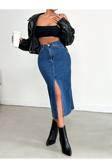 Cms Jeans Kadın Yırtmaçlı Koyu Mavi Likralı Kot Etek İndigo M