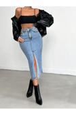 Cms Jeans Kadın Yırtmaçlı Mavi Kar Yıkama Likralı Denim Etek Buz Mavisi XL