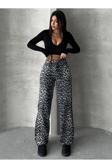 Swet Shop Jeans Kadın Leopar Desenli Yüksek Bel Likralı Geniş Paça Palazzo Pantolon Bej 30