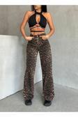 Swet Shop Jeans Kadın Leopar Desenli Yüksek Bel Likralı Geniş Paça Palazzo Pantolon Kahverengi 34-26