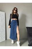 Swet Shop Jeans Kadın Önü Düğmeli Uzun Boy Koyu Mavi Likralı Kot Etek Koyu Mavi 2XL