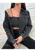 Swet Shop Jeans Kadın Kar Yıkama Destrolu Denim Ceket Gri S