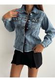 Swet Shop Jeans Kadın Bel Püskül Detaylı Oversize Denim Ceket Buz Mavisi S