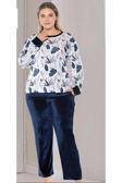Flz Büyük Beden Uzun Kol Kadife Şık Pijama Takımı Lacivert 4XL