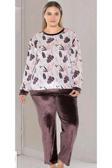 Flz Büyük Beden Uzun Kol Kadife Şık Pijama Takımı Kahverengi 4XL