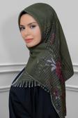 Hürrem Bone Haki Pratik Hazır Geçmeli Tesettür Eşarp Kesik Elyaf Piliseli Çiçek Desenli 1818D1_09