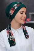 Hürrem Bone Zümrüt Pratik Hazır Geçmeli Tesettür Bone Sandy Kumaş Desenli Şifon Kemerli 1305D_37