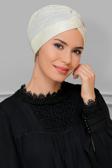 Hürrem Bone Krem Pratik Hazır Geçmeli Tesettür Bone Fukuro Piliseli Tek Çapraz Büzgülü 1824_40