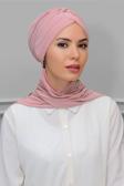 Hürrem Bone Pudra Pratik Hazır Geçmeli Tesettür Bone Sandy Kumaş Taçlı Büzgülü Şifon Atkılı 1208A_06