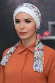 Hürrem Bone Krem Pratik Hazır Geçmeli Tesettür Bone Sandy Kumaş Desenli Şifon Kemerli 1305D_40