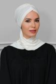 Hürrem Bone Krem Pratik Hazır Geçmeli Tesettür Bone Sandy Kumaş Taçlı Büzgülü Şifon Atkılı 1208A_40