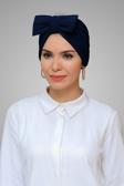 Hürrem Bone Lacivert Pratik Hazır Geçmeli Tesettür Bone Sandy Kumaş Fiyonklu Büzgülü 7006_02
