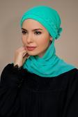 Hürrem Bone Su Yeşili Pratik Hazır Geçmeli Tesettür Bone Sandy Kumaş Örgülü Güllü Şifon Atkılı 1203A_32