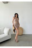 Fav Style Kadın Bağcık Detaylı Büzgülü Crop Bluz Ve Mini Etek Takım Bej M
