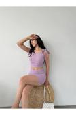 Fav Style Kadın Bağcık Detaylı Büzgülü Crop Bluz Ve Mini Etek Takım Lila XL