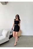 Fav Style Kadın Bağcık Detaylı Büzgülü Crop Bluz Ve Mini Etek Takım Siyah L