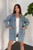 Fav Style Kadın Çift Cepli Overize Uzun Ceket Mavi Standart