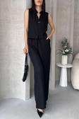 Fav Style Kadın Hakim Yaka Kolsuz Bluz Ve Bol Paça Cepli Pantolon Alt-Üst Takım Siyah M