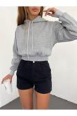Fav Style Kadın Kapüşonlu Uzun Kol Üç İplik Şardonlu Crop Sweatshirt Gri S