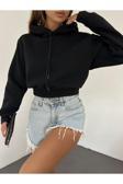 Fav Style Kadın Kapüşonlu Uzun Kol Üç İplik Şardonlu Crop Sweatshirt Siyah L