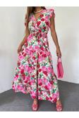 Fav Style Kadın Sıfır Kol Eteği Katlı Çiçek Desenli Kruvaze Yaka Uzun Elbise Pembe S