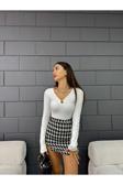 Fav Style Kadın V Yaka Halka Detaylı Uzun Kollu Bluz Beyaz M