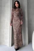 Fav Style Kadın Dik Yaka Cut Out Detaylı Leopar Deseni Uzun Elbise Bej S