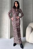 Fav Style Kadın Dik Yaka Cut Out Detaylı Leopar Deseni Uzun Elbise Kahve L