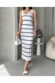 Fav Style Kadın V Yaka Kolsuz Zigzag Detaylı Triko Midi Elbise Beyaz Standart