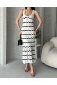 Fav Style Kadın V Yaka Kolsuz Zigzag Detaylı Triko Midi Elbise Ekru Standart