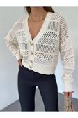 Fav Style Kadın Uzun Kollu Delikli Ajurlu Düğmeli Crop Triko Hırka Bej Standart