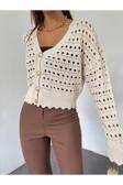 Fav Style Kadın Uzun Kollu Delikli Ajurlu Düğmeli Crop Triko Hırka Taş Standart