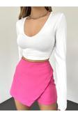 Fav Style Kadın V Yaka Uzun Kollu Crop Bluz Beyaz L