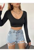 Fav Style Kadın V Yaka Uzun Kollu Crop Bluz Siyah L