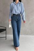 Fav Style Kadın Oversize Çizgili Uzun Kollu Dokuma Gömlek Koyu Mavi S