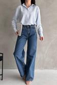 Fav Style Kadın Oversize Çizgili Uzun Kollu Dokuma Gömlek Mavi L