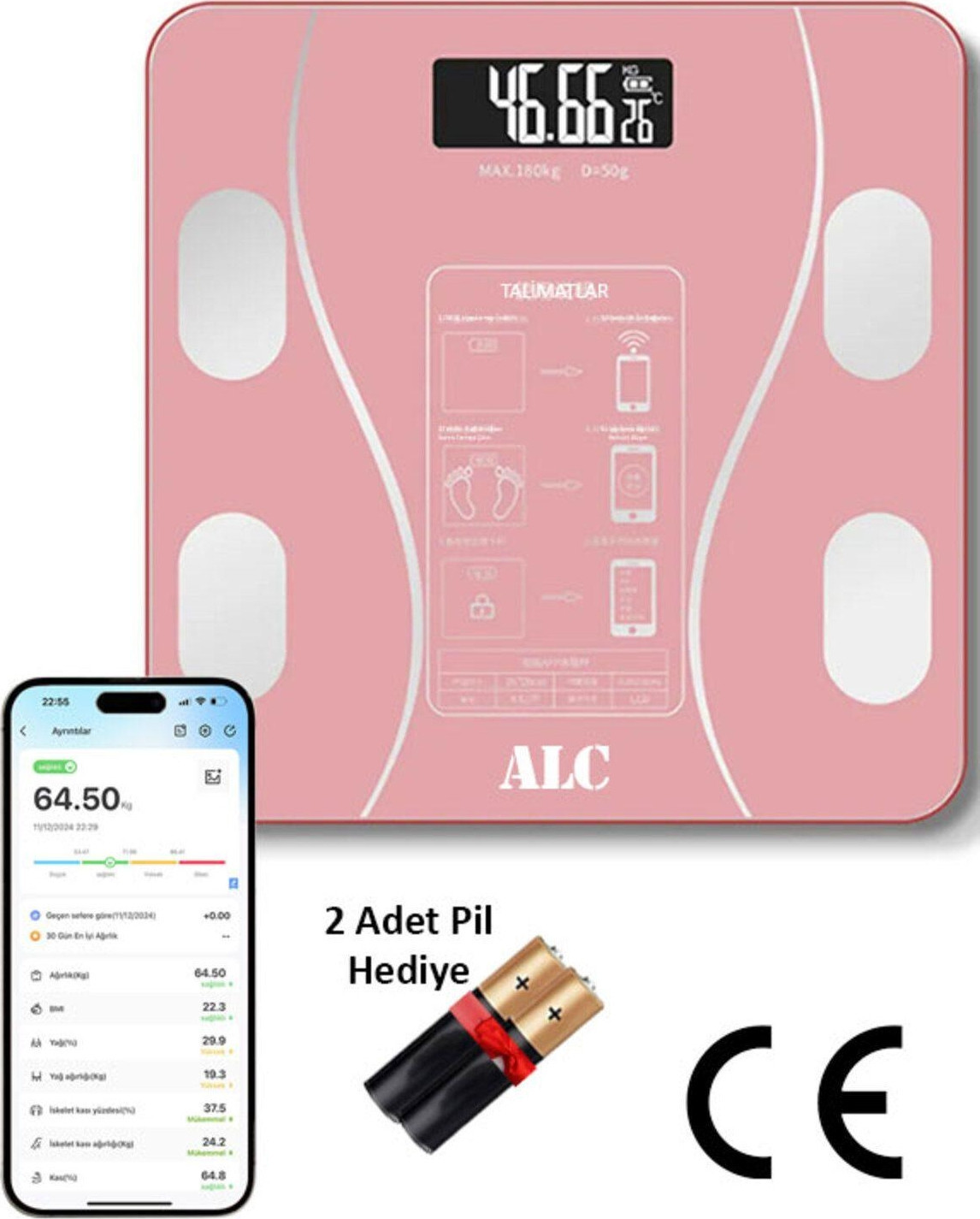 Alc Smart Body Scale Akıllı Banyo Baskülü Yağ Su Kas Vücut Kitle ...