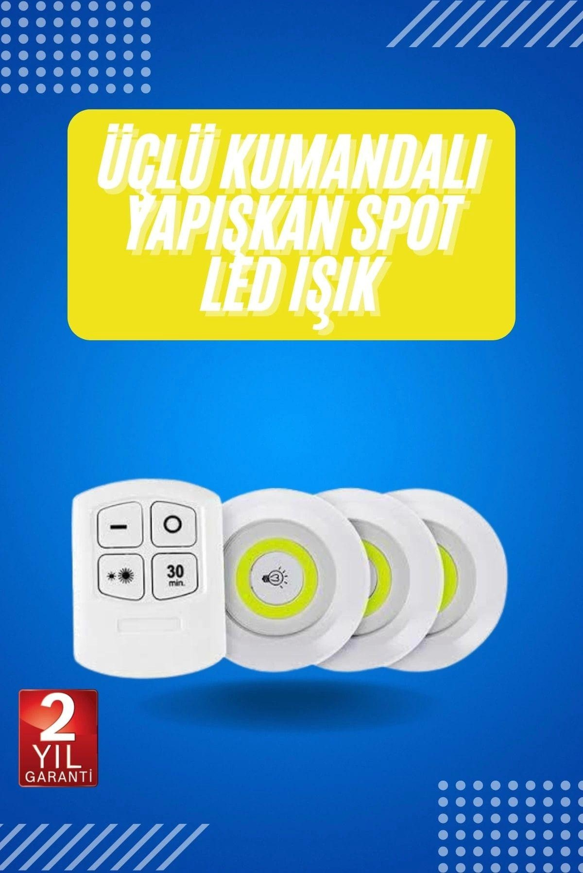 Gizmurstore Yapışkanlı 3'Lü Spot Led Işık Lamba Montajsız Pilli Uzaktan ...