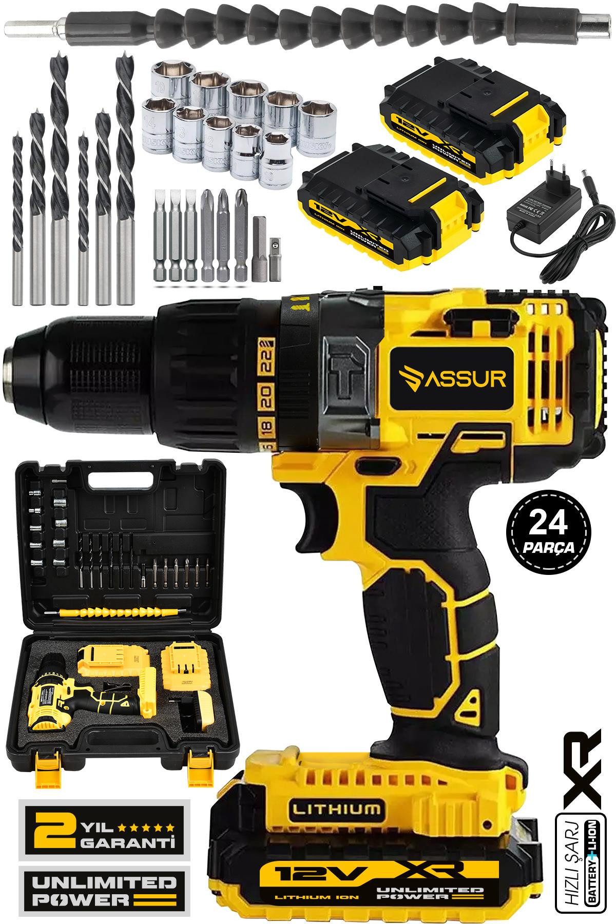Assur 12V Çift Akülü Vidalama Metal Şanzıman Bakır Sargılı Şarjlı Matkap