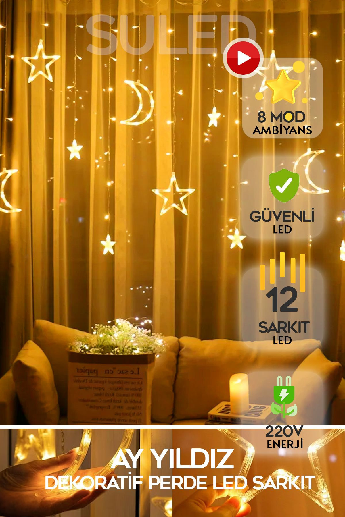 SULED Sl-1037 Ay Yıldız Perde Led 8 Mod Saçaklı Perde Peri Mutfak Işık ...
