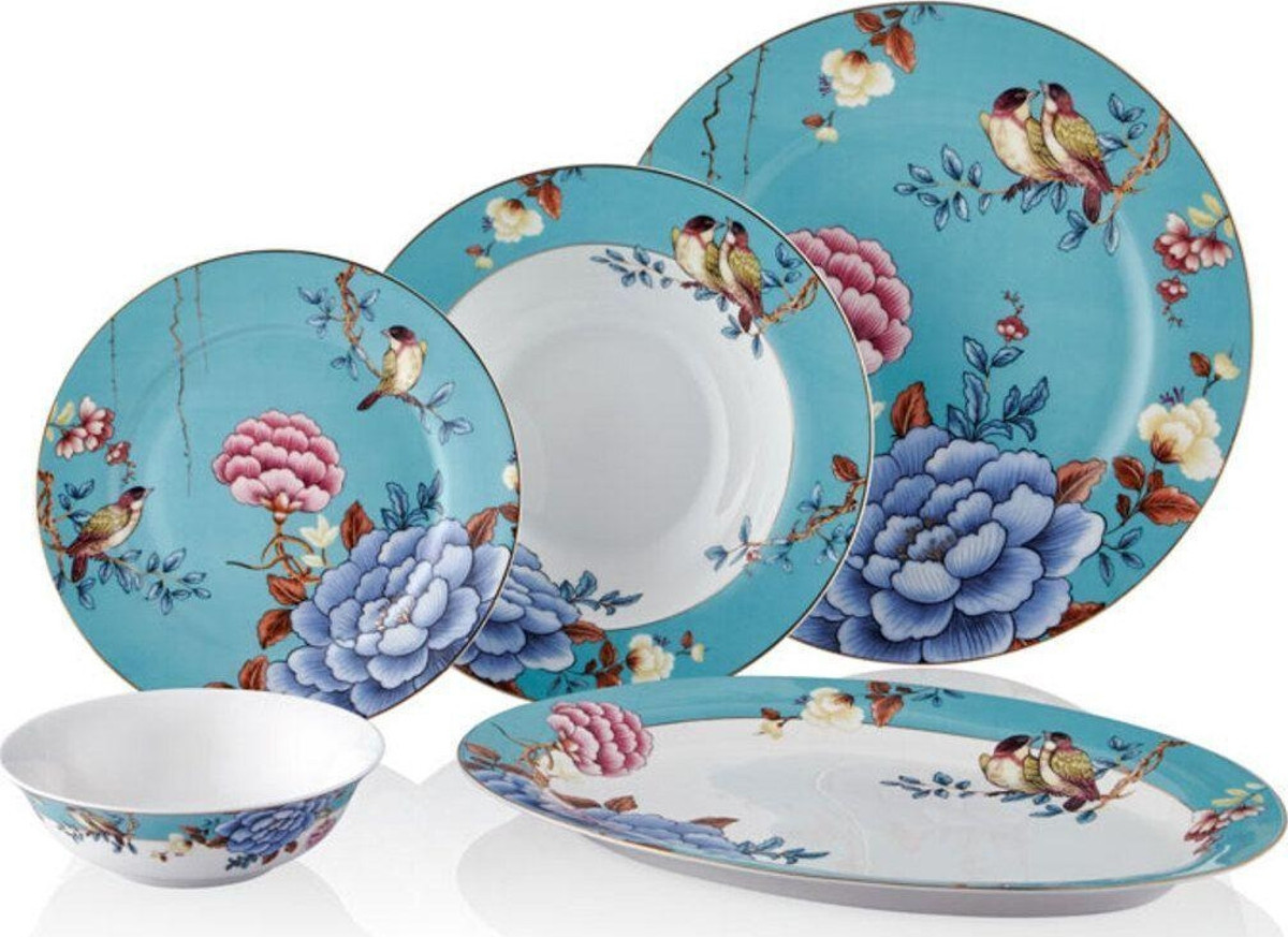 Floral Blue Porselen 27 Parça Kişilik Yemek Takımı Kayık Tabaklı